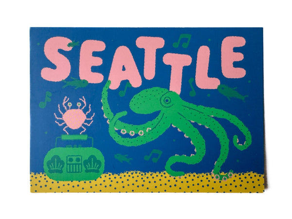 Seattle Boombox Octopus Crab and Fish Postcard