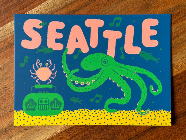 Seattle Boombox Octopus Crab and Fish Postcard